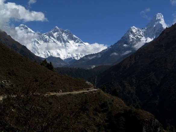 View of Mt Everest, Lhotse, and Ama Dablam enroute to Everest Base Camp