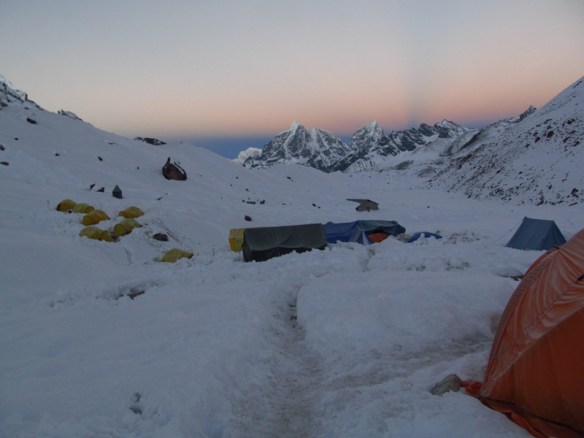 Base camp at dawn after returning from the high camp